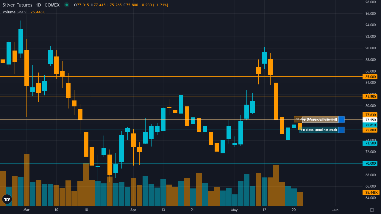 Silver (SI) chart with called support and resistance levels